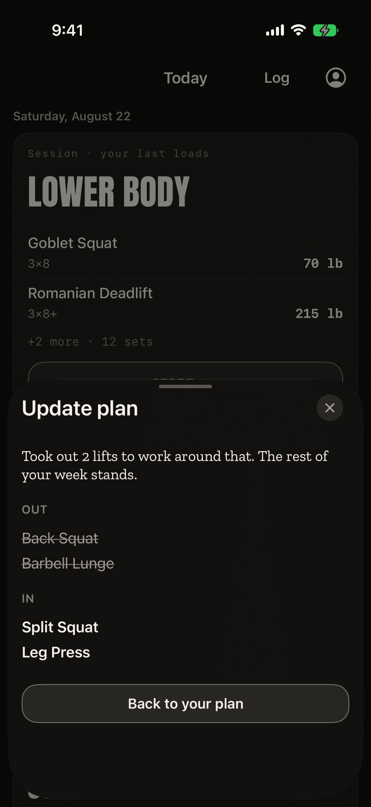 Example Regimen plan update replacing two exercises while leaving the rest of the week unchanged