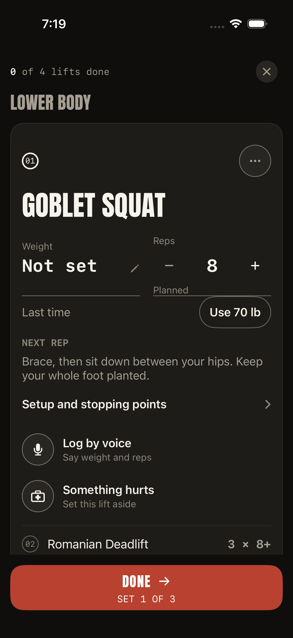 Example lower-body workout in Regimen, with set logging and an injury action
