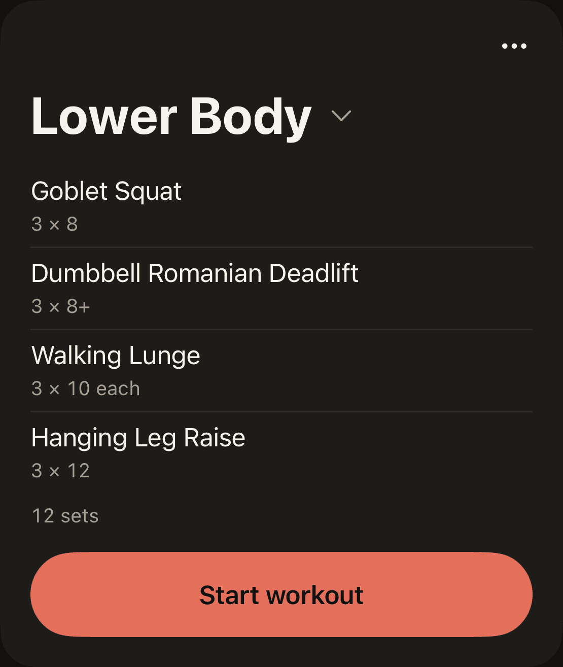 A workout on the Today screen in Regimen: Lower Body, four exercises with their sets and reps, 12 sets in all, and a Start workout button.